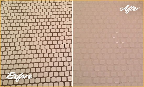 Before and After Picture of a Los Alamos Hard Surface Restoration Service on a Bathroom Tile Floor Recolored to Fix Grout Color