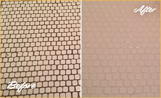 Before and After Picture of a Arroyo Grande Hard Surface Restoration Service on a Bathroom Tile Floor Recolored to Fix Grout Color