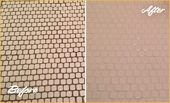 Before and After Picture of a Cambria Hard Surface Restoration Service on a Bathroom Tile Floor Recolored to Fix Grout Color