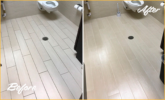 Before and After Picture of a Goleta Office Restroom's Grout Cleaned to Remove Dirt