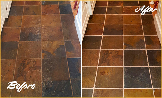 Before and After Picture of Santa Ynez Slate Floor Grout Cleaned to Remove Dirt