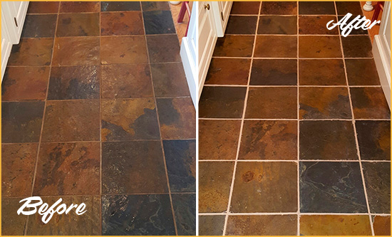 Before and After Picture of Nipomo Slate Floor Grout Cleaned to Remove Dirt