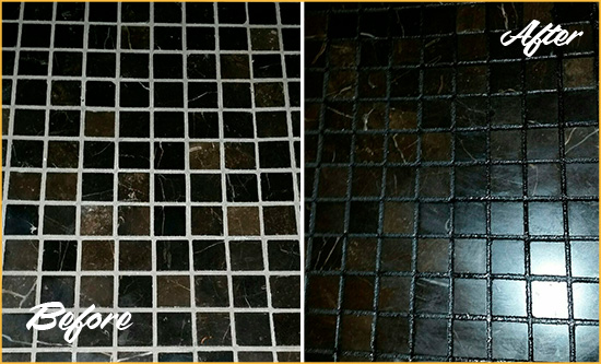Before and After Picture of a Avila Beach Black Floor with Recolored Grout