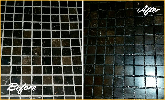 Before and After Picture of a Maricopa Black Floor with Recolored Grout