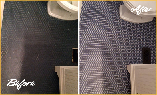 Before and After Picture of a Los Alamos Blue Tile Floor Recolored Grout