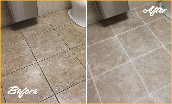 Before and After Picture of a Casmalia Office Restroom Floor Recolored Grout