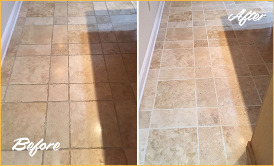 Before and After Picture of a Los Olivos Travertine Kitchen Floor Recolored Grout