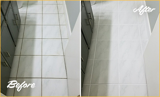 Before and After Picture of a Buellton White Ceramic Tile with Recolored Grout