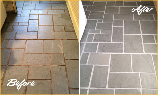 Before and After Picture of Damaged San Simeon Slate Floor with Sealed Grout