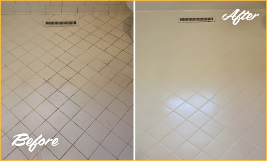 Before and After Picture of a Creston White Bathroom Floor Grout Sealed for Extra Protection