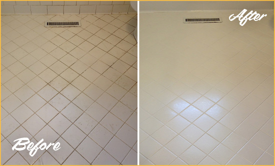 Before and After Picture of a Cambria White Bathroom Floor Grout Sealed for Extra Protection