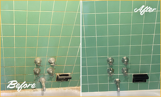 Before and After Picture of a Pismo Beach Bath Tub Grout Sealed to Avoid Water Damage