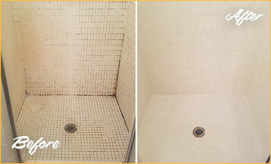 Before and After Picture of a Los Alamos Bathroom Grout Sealed to Remove Mold