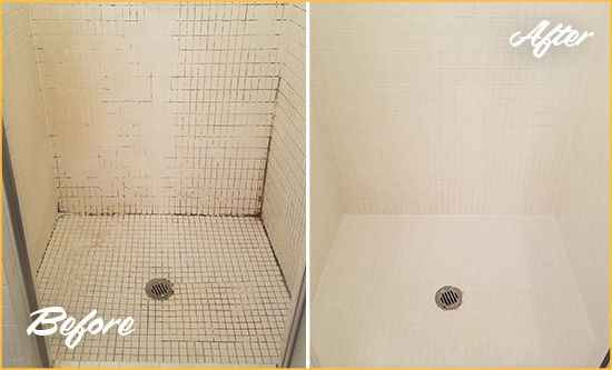 Before and After Picture of a Pismo Beach Bathroom Grout Sealed to Remove Mold