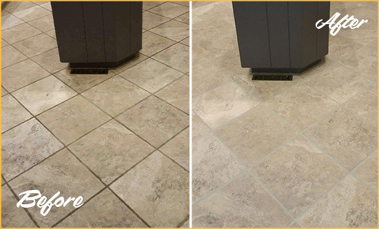 Before and After Picture of a New Cuyama Kitchen Floor Grout Sealed to Remove Stains