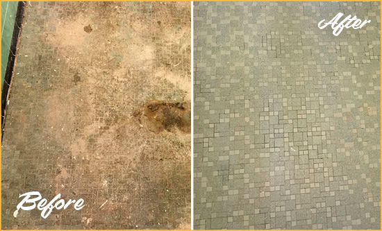 Before and After Picture of a Los Alamos Mosaic Shower Cleaned to Eliminate Embedded Dirt