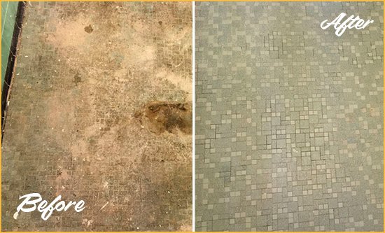 Before and After Picture of a San Luis Obispo Mosaic Shower Cleaned to Eliminate Embedded Dirt