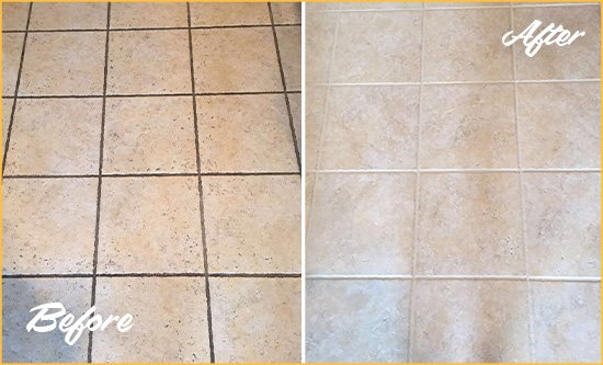 Before and After Picture of a Pismo Beach Ceramic Floor Cleaned to Remove Soil
