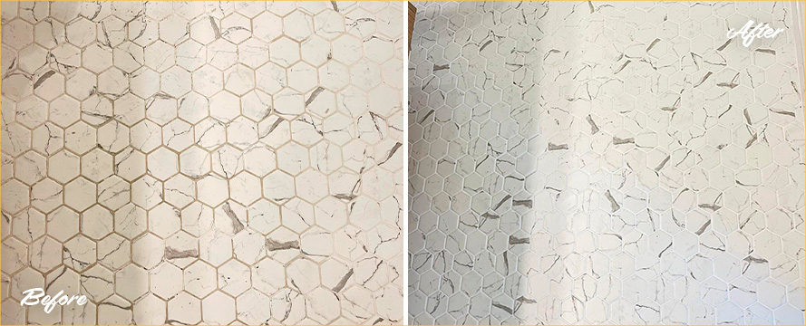 Bathroom Floor Before and After a Grout Cleaning in Santa Maria