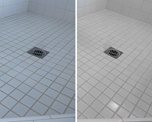 Shower Floor Before and After a Grout Recoloring in San Luis Obispo