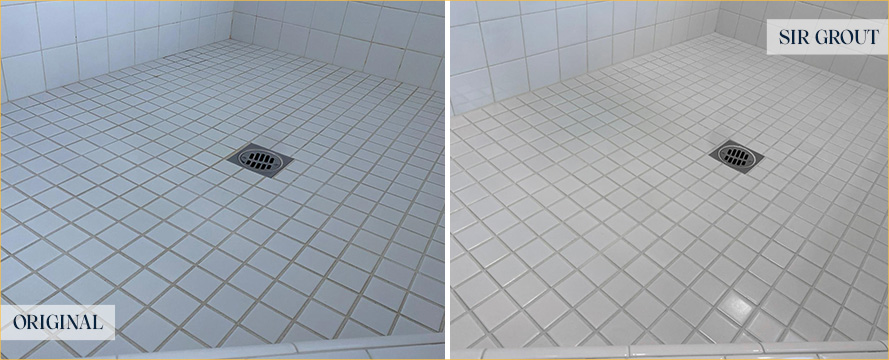 Shower Floor Before and After a Grout Recoloring in San Luis Obispo
