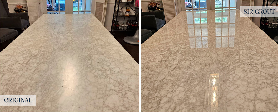 Marble Table Before and After a Stone Honing in Santa Barbara, CA