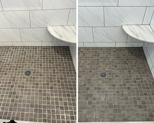 Shower Floor Before and After a Grout Recoloring in Maricopa