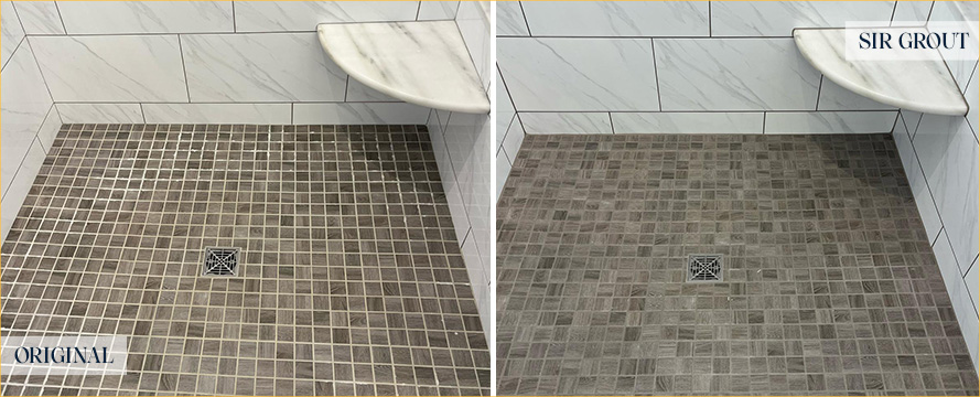 Shower Floor Before and After a Grout Recoloring in Maricopa