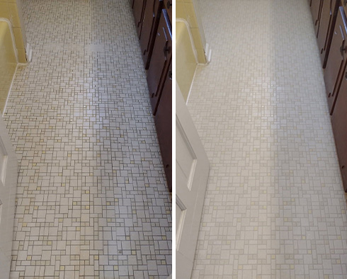 Bathroom Floor Before and After Our Santa Barbara Grout Cleaning Service