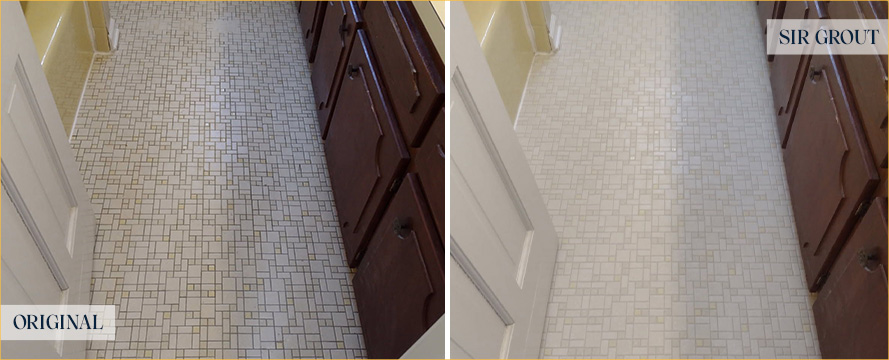 Bathroom Floor Before and After Our Santa Barbara Grout Cleaning Service