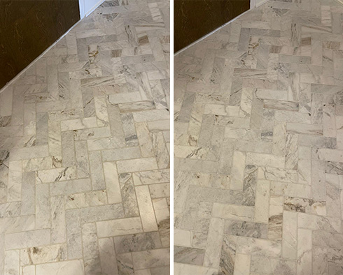 Marble Floor Before and After Our Oceano Grout Sealing Service