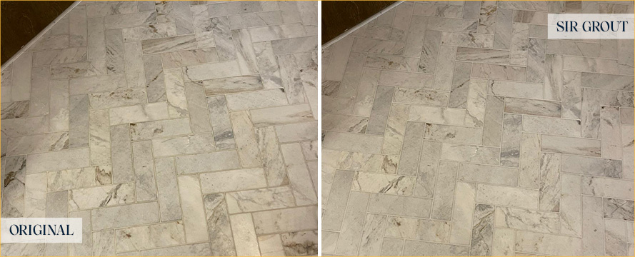 Marble Floor Before and After Our Oceano Grout Sealing Service