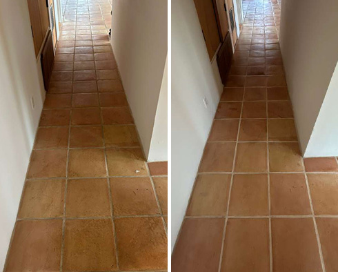 Terracotta Floor Before and After a Grout Cleaning in Santa Barbara