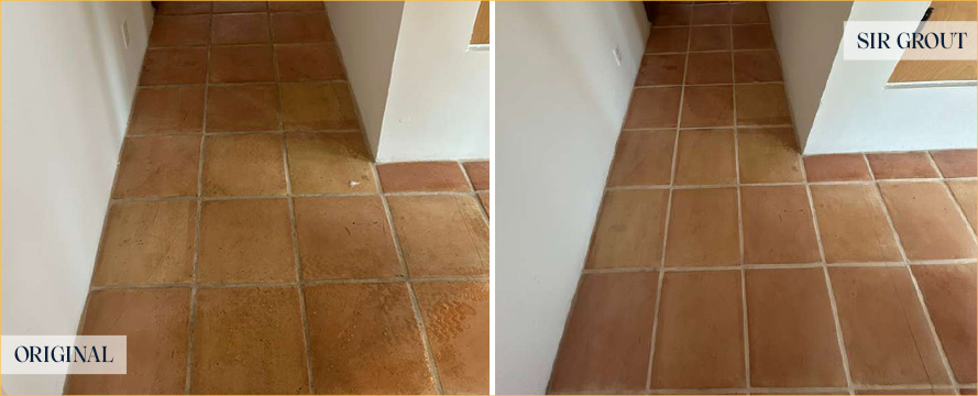 Terracotta Floor Before and After a Grout Cleaning in Santa Barbara